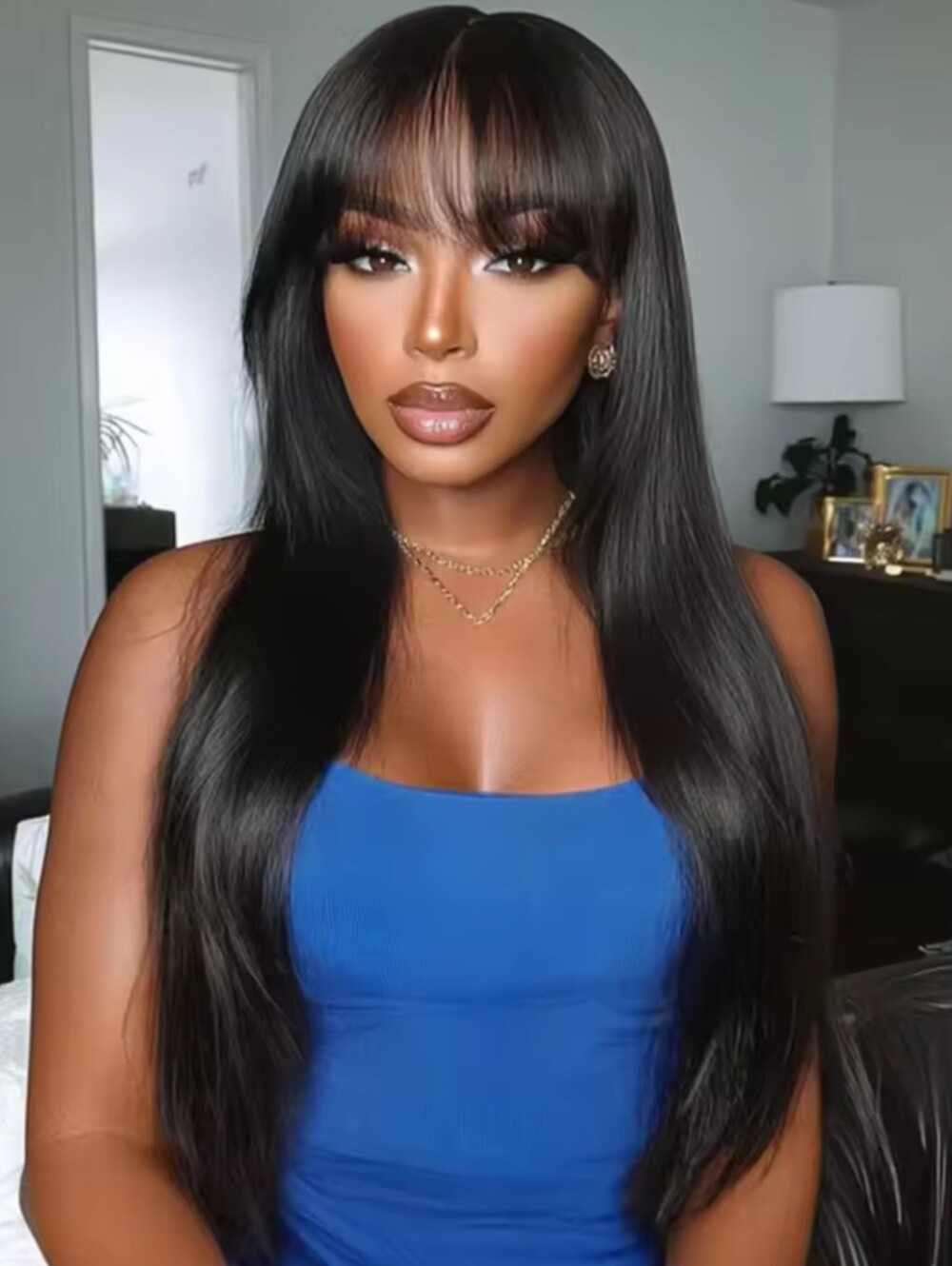 Women's 16" Inch Bone Straight Human Hair Wig With Bang Brazilian Lace Front Wig